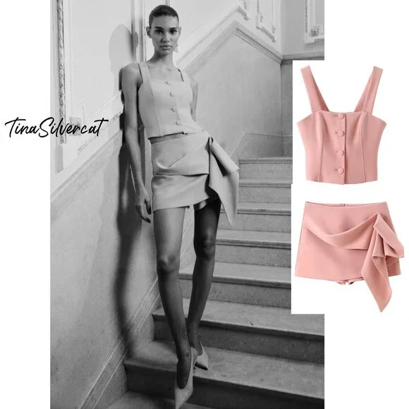BLOGGER'S FAVE! Zara 2 Piece Voluminous Skort And Bustier Set Pink NWT